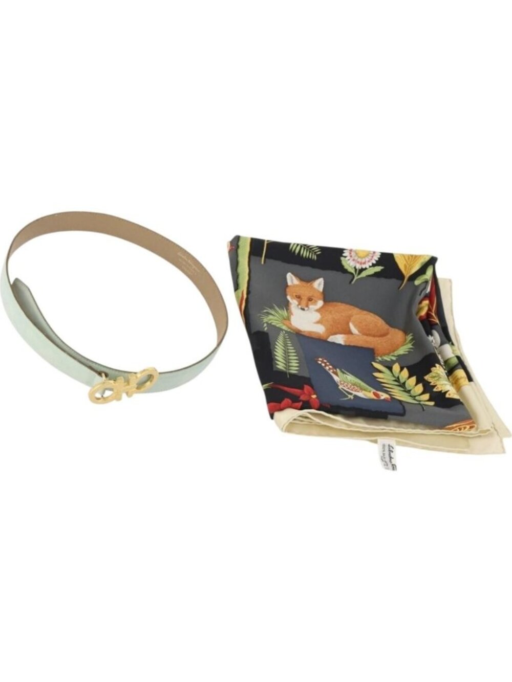 Salvatore Ferragamo Belt Scarf Silk Leather 2 Set Light Blue Beige